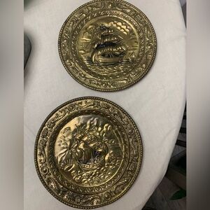 Vintage Brass Plates with Sailing Ship Wall Decor